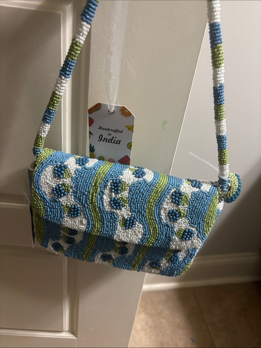 Handcrafted Beaded Crossbody Bag - Blue, White & Green